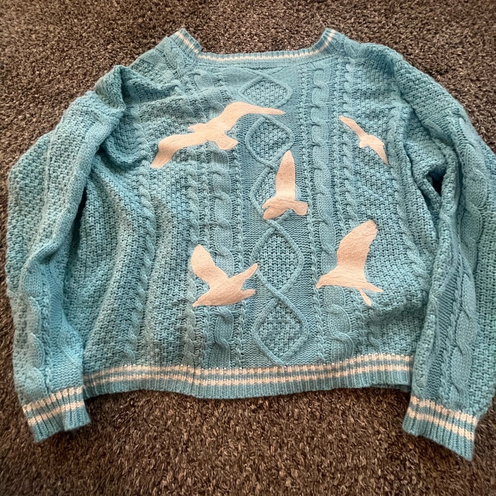 Blue Cable Knit Sweater with Bird Design